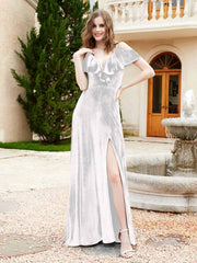 A-line V-neck Velvet Dress With Slit Ivory
