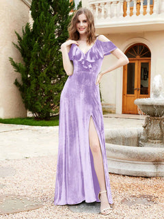 A-line V-neck Velvet Dress With Slit Lilac