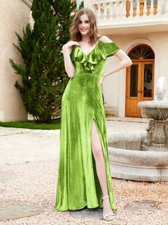 A-line V-neck Velvet Dress With Slit Lime Green