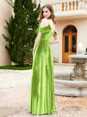A-line V-neck Velvet Dress With Slit Lime Green