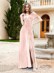 A-line V-neck Velvet Dress With Slit Pearl Pink