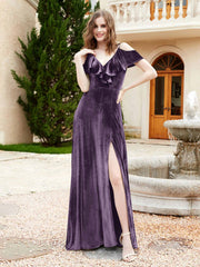 A-line V-neck Velvet Dress With Slit Plum