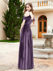 A-line V-neck Velvet Dress With Slit Plum