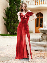 A-line V-neck Velvet Dress With Slit Red