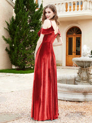 A-line V-neck Velvet Dress With Slit Red