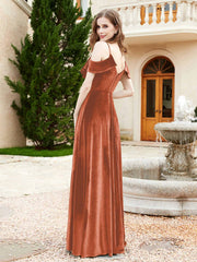 A-line V-neck Velvet Dress With Slit Rust