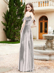 A-line V-neck Velvet Dress With Slit Silver