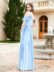 A-line V-neck Velvet Dress With Slit Sky Blue