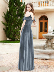 A-line V-neck Velvet Dress With Slit Slate Blue
