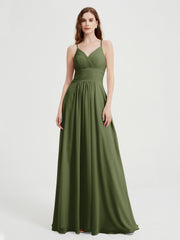 Spaghetti Strap Bridesmaid Dress with Pockets Olive Green
