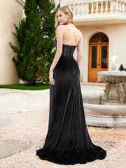 Strapless Mermaid Velvet Dress with Sweep Train Black
