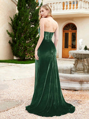 Strapless Mermaid Velvet Dress with Sweep Train Dark Green