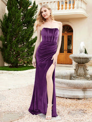 Strapless Mermaid Velvet Dress with Sweep Train Grape
