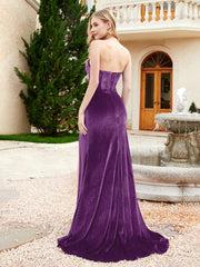 Strapless Mermaid Velvet Dress with Sweep Train Grape Plus Size