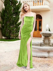 Strapless Mermaid Velvet Dress with Sweep Train Lime Green Plus Size