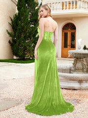 Strapless Mermaid Velvet Dress with Sweep Train Lime Green