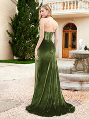 Strapless Mermaid Velvet Dress with Sweep Train Olive Green
