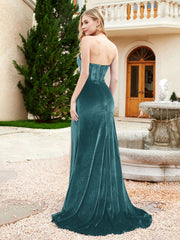 Strapless Mermaid Velvet Dress with Sweep Train Peacock