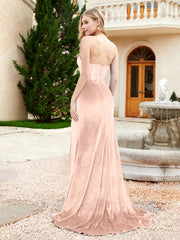Strapless Mermaid Velvet Dress with Sweep Train Pearl Pink Plus Size