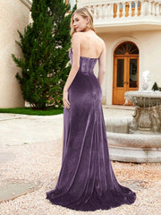 Strapless Mermaid Velvet Dress with Sweep Train Plum Plus Size