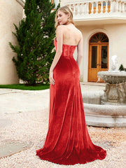 Strapless Mermaid Velvet Dress with Sweep Train Red