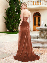 Strapless Mermaid Velvet Dress with Sweep Train Rust Plus Size