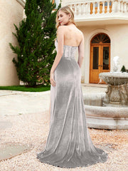 Strapless Mermaid Velvet Dress with Sweep Train Silver Plus Size