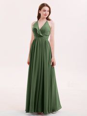 V-neck Chiffon Maxi Bridesmaid Dresses Olive Green