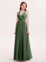 V-neck Chiffon Maxi Bridesmaid Dresses Olive Green