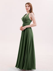 V-neck Chiffon Maxi Bridesmaid Dresses Olive Green