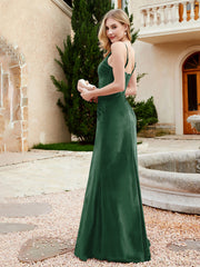 Spaghetti Straps V-neck Velvet Dress with Slit Dark Green