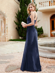 Spaghetti Straps V-neck Velvet Dress with Slit Dark Navy Plus Size