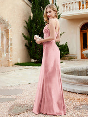 Spaghetti Straps V-neck Velvet Dress with Slit Dusty Rose Plus Size