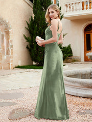 Spaghetti Straps V-neck Velvet Dress with Slit Dusty Sage Plus Size