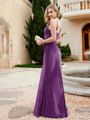 Spaghetti Straps V-neck Velvet Dress with Slit Grape