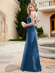 Spaghetti Straps V-neck Velvet Dress with Slit Ink Blue Plus Size