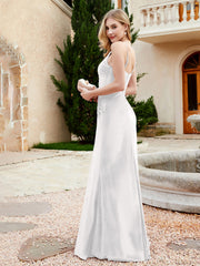 Spaghetti Straps V-neck Velvet Dress with Slit Ivory