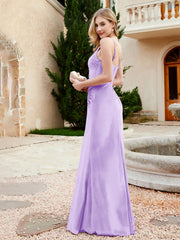 Spaghetti Straps V-neck Velvet Dress with Slit Lilac