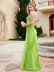 Spaghetti Straps V-neck Velvet Dress with Slit Lime Green