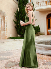 Spaghetti Straps V-neck Velvet Dress with Slit Olive Green Plus Size