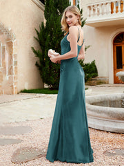 Spaghetti Straps V-neck Velvet Dress with Slit Peacock Plus Size