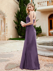 Spaghetti Straps V-neck Velvet Dress with Slit Plum Plus Size
