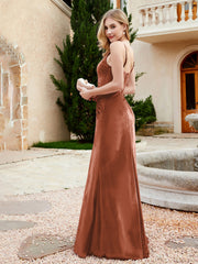 Spaghetti Straps V-neck Velvet Dress with Slit Rust Plus Size
