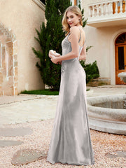 Spaghetti Straps V-neck Velvet Dress with Slit Silver Plus Size