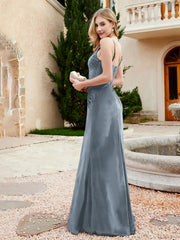 Spaghetti Straps V-neck Velvet Dress with Slit Slate Blue Plus Size