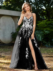 A-line V-neck Lace Up Tulle Gown Black Plus Size