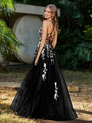 A-line V-neck Lace Up Tulle Gown Black
