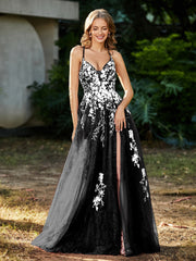 A-line V-neck Lace Up Tulle Gown Black Plus Size