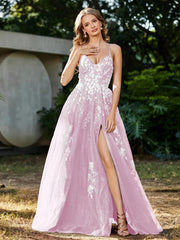 A-line V-neck Lace Up Tulle Gown Blushing Pink Plus Size