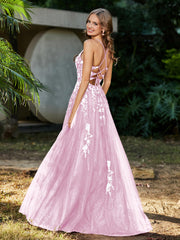 A-line V-neck Lace Up Tulle Gown Blushing Pink Plus Size